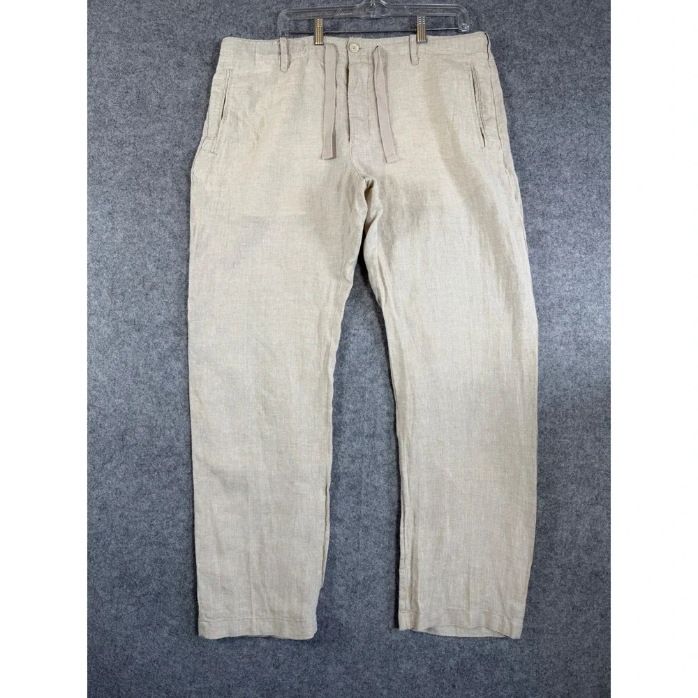Perry Ellis Linen Pants Mens 36 Beige Excellent Drawstring Button Fly Straight